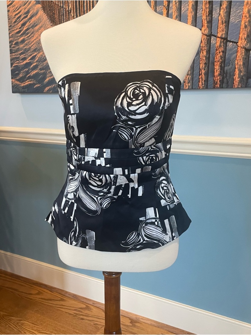 White House/ Black Market Strapless Black Peplum Top with White Floral Print